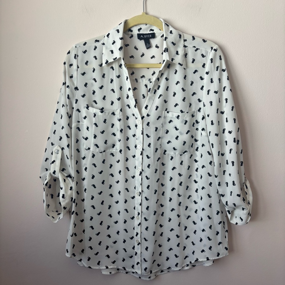 A. Byer Black Cat Blouse Juniors